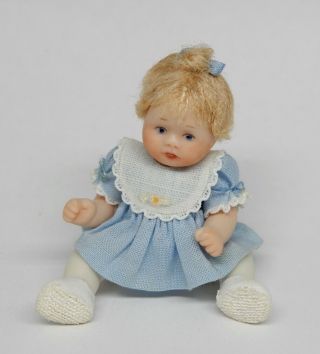 Vintage Sitting Baby In Blue Dress Doll - Artisan Dollhouse Miniature 1:12