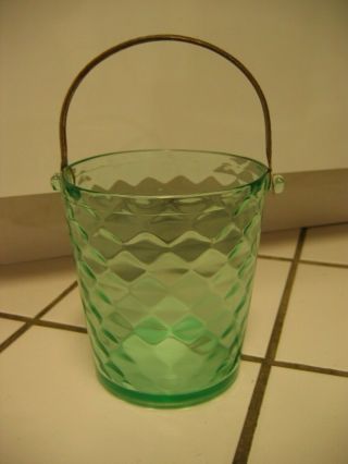 Vintage Green Depression Glass Ice Bucket Metal Handle 6 " Tall