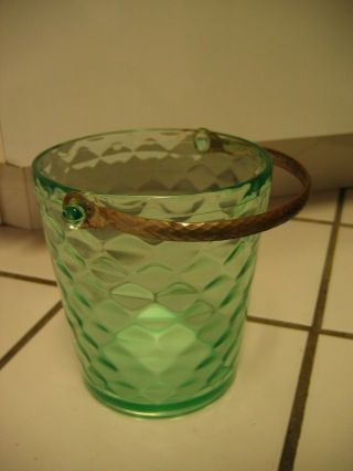 Vintage GREEN DEPRESSION GLASS Ice Bucket Metal Handle 6 