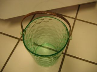 Vintage GREEN DEPRESSION GLASS Ice Bucket Metal Handle 6 