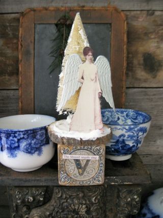 Primitive Angel Paper Doll Large Antique Wood Abc Block W Christmas Tree