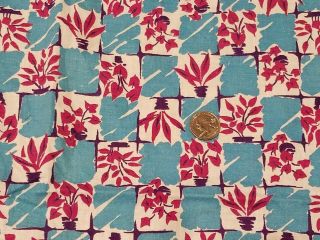 Vintage Full Feedsack: Turquoise Squares With Maroon Potted Plants