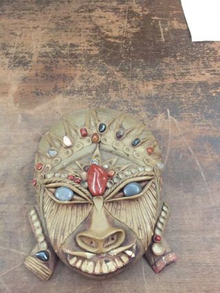 Vintage Hand Carved Wooden Tribal Mask W/ Stones & Shells Wall Decor