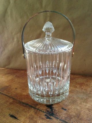 Mid Century Crystal Clear Glass Modern Ice Bucket With Handle & Lid