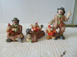 3 Vintage Emmett Kelly Jr Flambro Hobo Sad Clown Figurines & Monkey Collectible