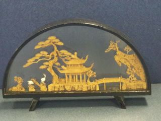 Vintage Chinese Carved Cork Diorama Glass Display Wood Box Pagoda Stork Japanese