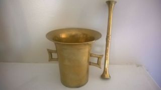 Vtg Solid Brass 4 " Tall Mortar And Pestle 6 1/4 " - Pills,  Apothecary,  Herbs