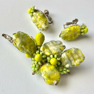 Signed Miriam Haskell Vintage Green Art Glass Flower Brooch Pin Earrings Set 15