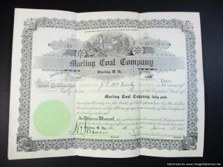 1915 Stock Certificate Marling Coal Company,  Wheeling Wv.  49 $100 Shares