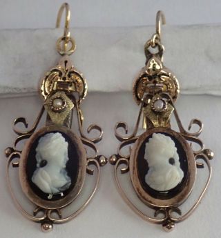 Fine Antique Victorian 14k Gold Enamel Pearl Carved Hardstone Cameo Earrings