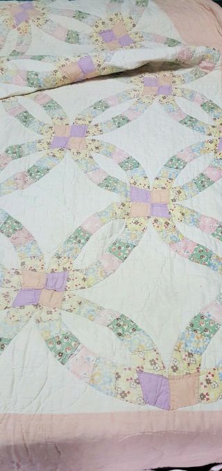 Antique Hand Pieced Hand Stitched Quilt,  Double Ring? 100 " X 86 " Vintage