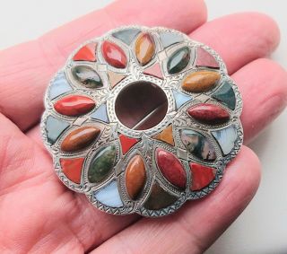 Large Victorian Antique Scottish Silver & Polished Agate Circular Brooch 1870