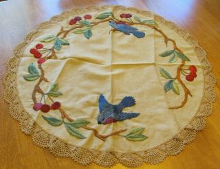 Vintage Embroidery And Lace Table Runner/doily Blue Birds,  Cherries,  Vines