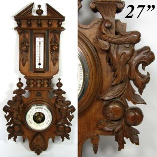 Antique Victorian Black Forest Style Carved 27 " Wall Barometer,  Griffin Figures