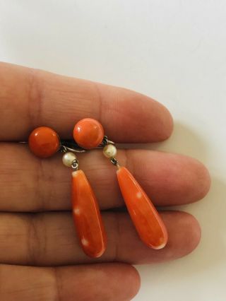 Antique Art Deco 9ct White Gold Coral And Pearl Earrings,  375 3