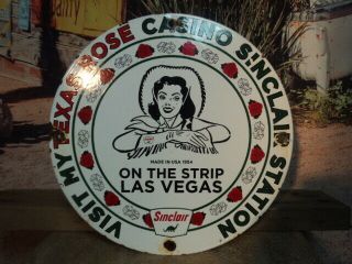 Old 1954 Sinclair Gasoline Texas Rose Casino Porcelain Gas Pump Sign Vegas