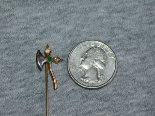 Vintage 14k White & Yellow Gold Lapel Hat Stick Pin Battle Axe Diamonds Emerald