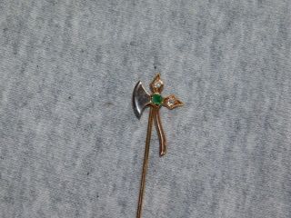 Vintage 14K White & Yellow Gold Lapel Hat Stick Pin Battle Axe Diamonds Emerald 2