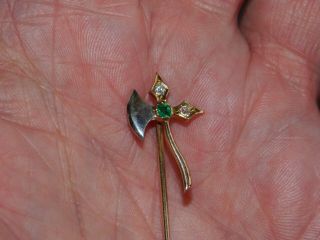 Vintage 14K White & Yellow Gold Lapel Hat Stick Pin Battle Axe Diamonds Emerald 3