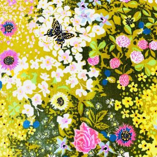 Vintage 1960 ' s Floral Cotton Fabric Butterflies Mod Flowers Bright Colors 3
