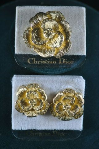 Vintage Christian Dior Gold Tone Rhinestone Pansy Flower Earring Brooch Set