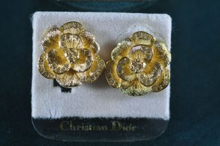 Vintage Christian Dior Gold Tone Rhinestone Pansy Flower Earring Brooch Set 3
