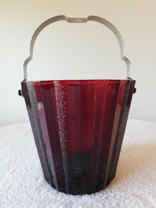 Vintage “the Heller Co.  ” Royal Ruby Textured Ice Bucket With Handle