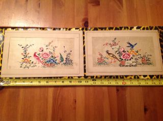 Two Vintage Chinese Matted Painting On Silk Gold Leaf Of Birds & Floral Scene