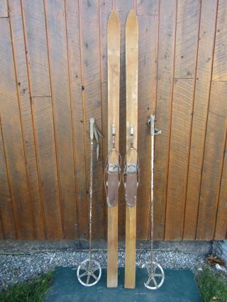 Vintage Wooden Hickory 78 " Skis Signed Chalet Harvey Dodds With Bamboo Poles