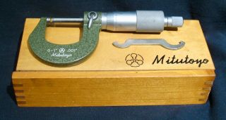 Vintage Mitutoyo Micrometer In Wooden Storage Box Machinist Tool