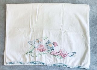 Hand Embroidered Pillowcase Blue Pink Flowers White Cotton Crochet Trim Vintage