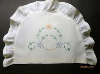 Vintage English White Linen Tea Cosy W/ Colored Hand Embroidery Ruffles