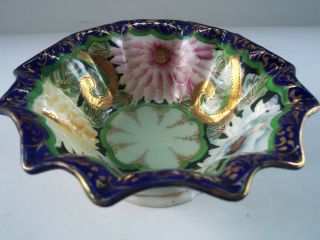 Vintage Cobalt Blue Floral Porcelain Bowl Gold Accents Hand Painted 2
