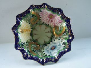 Vintage Cobalt Blue Floral Porcelain Bowl Gold Accents Hand Painted 3