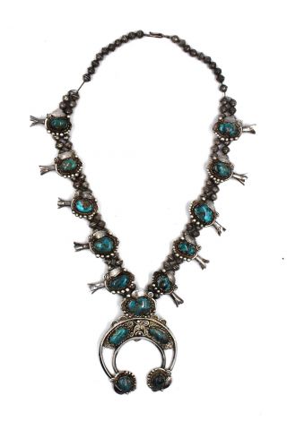 Old Pawn Southwest Turquoise Squash Blossom Necklace Sterling Silver Signed