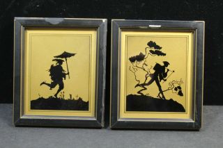 Vintage Silhouette Reverse Painted Glass Asian Man With Umbrella Running X2