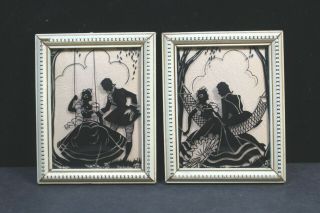 Vintage Silhouette Reverse Painted Convex Glass Romance Courting X2