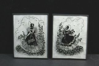 Vintage Silhouette Reverse Painted Convex Glass Girl In Fancy Dress Flowers X2