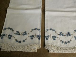 Set Of 2 Vintage Hand Embroidered Pillowcases,  Blue Flowers,  Scalloped Borders