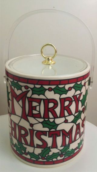 Vintage Houze Cera Merry Christmas Stained Glass Ice Bucket Holly Lucite