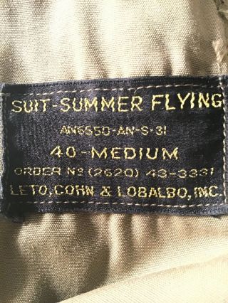 M/SGT NAMED WW2 AN - 6550 Cotton Summer Flight Suit Size Medium 40 Dated 1943 2