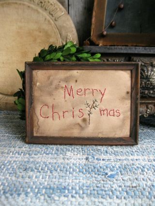 Primitive Merry Christmas Stitchery Antique Wood Frame