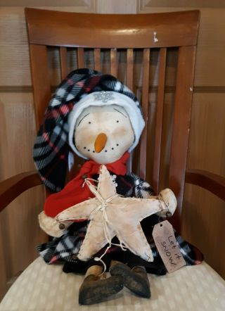 Primitive Folk Art Winter Christmas Snowman Boy Doll And Christmas Star