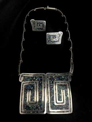 Margot De Taxco “confetti” Sterling Enamel Necklace & Earrings Set Signed Mexi