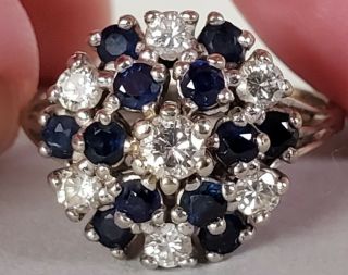 Antique,  Art - Deco 14k White Gold,  Diamond & Sapphire Domed Cluster Ring Size 9.  5