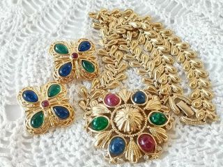 Trifari™ 1960 Jewels Of India Gold Plated Faux Sapphire Ruby Emerald Demi - Parure