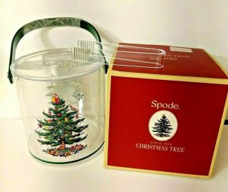 Vintage Spode Acrylic Ice Bucket With Tongs Christmas Tree Pattern