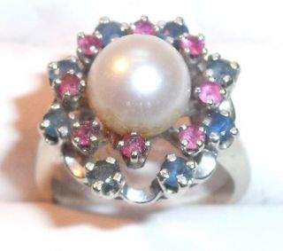 Fine Fine 14k White Gold 8mm Pearl Sapphire Ruby Ring Size 6 1/2