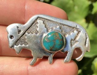 Vtg Navajo Sterling Silver & Royston Turquoise Buffalo Bison Pin Brooch F Chee