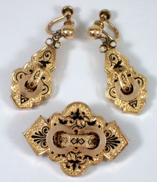 Antique Victorian Gold Gf Taille D’Épargne Enamel Brooch & Dangle Earrings Set